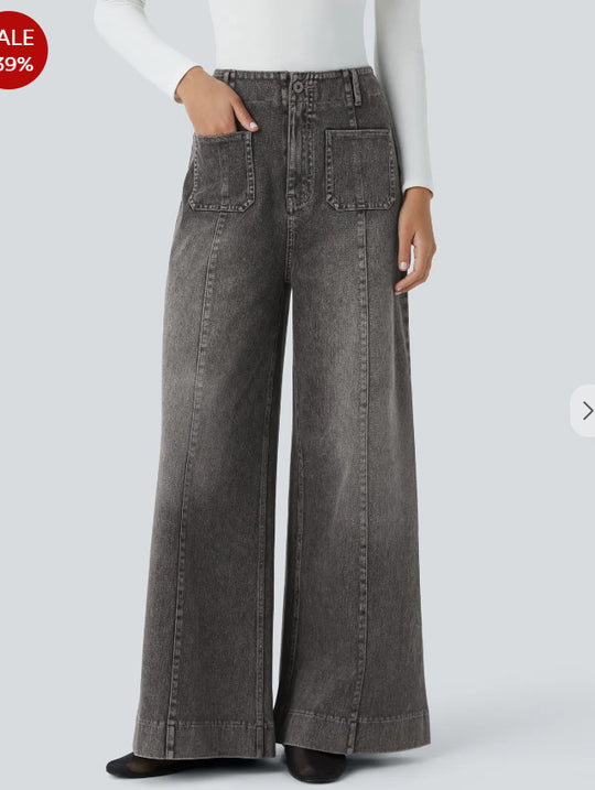 Damen Weitgeschnittene Denim-Hose mit hohen Bund und großen Taschen EB