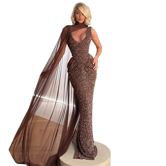 Damen Glamouröses Abendkleid mit funkelnden Pailletten und dramatischem Chiffonüberwurf EB