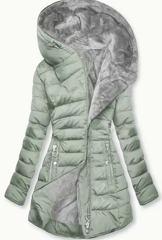 Damen Taillierter Steppmantel mit Oversize-Kapuze, kuscheligem Teddyfutter und Zierringen am Reißverschluss EB