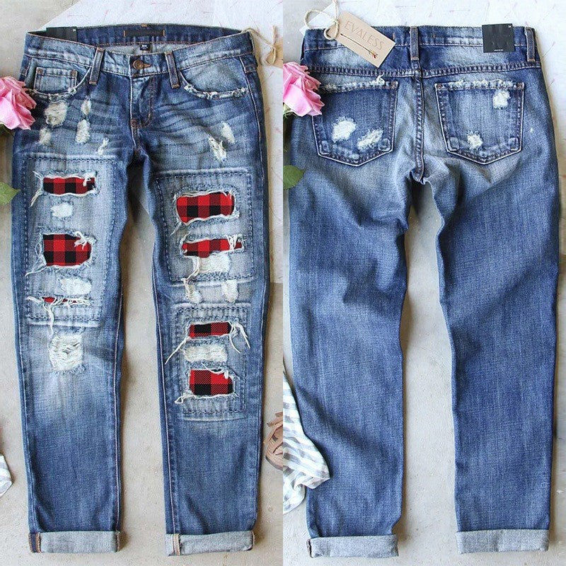 Damen Jeans mit stylischen Rissen und Karomuster EB