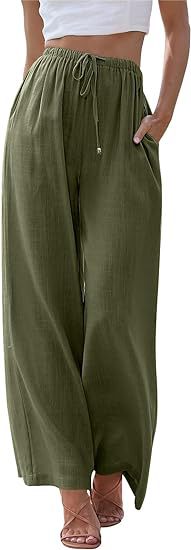 Damen nan weite Leinenhose mit elastischem Bund Kordel und Seitentaschen EB