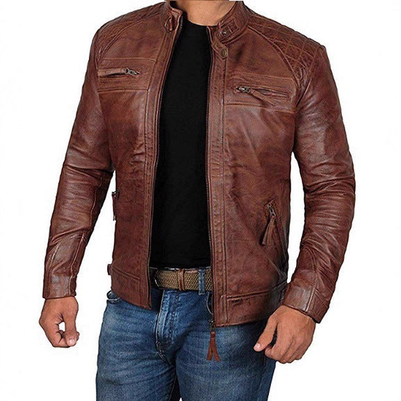 Herren Lederjacke mit Stehkragen und Ziernähten EB