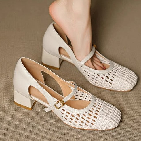 Damen elegante Mary Jane Pumps mit modischem Geflecht und bequemem Blockabsatz EB