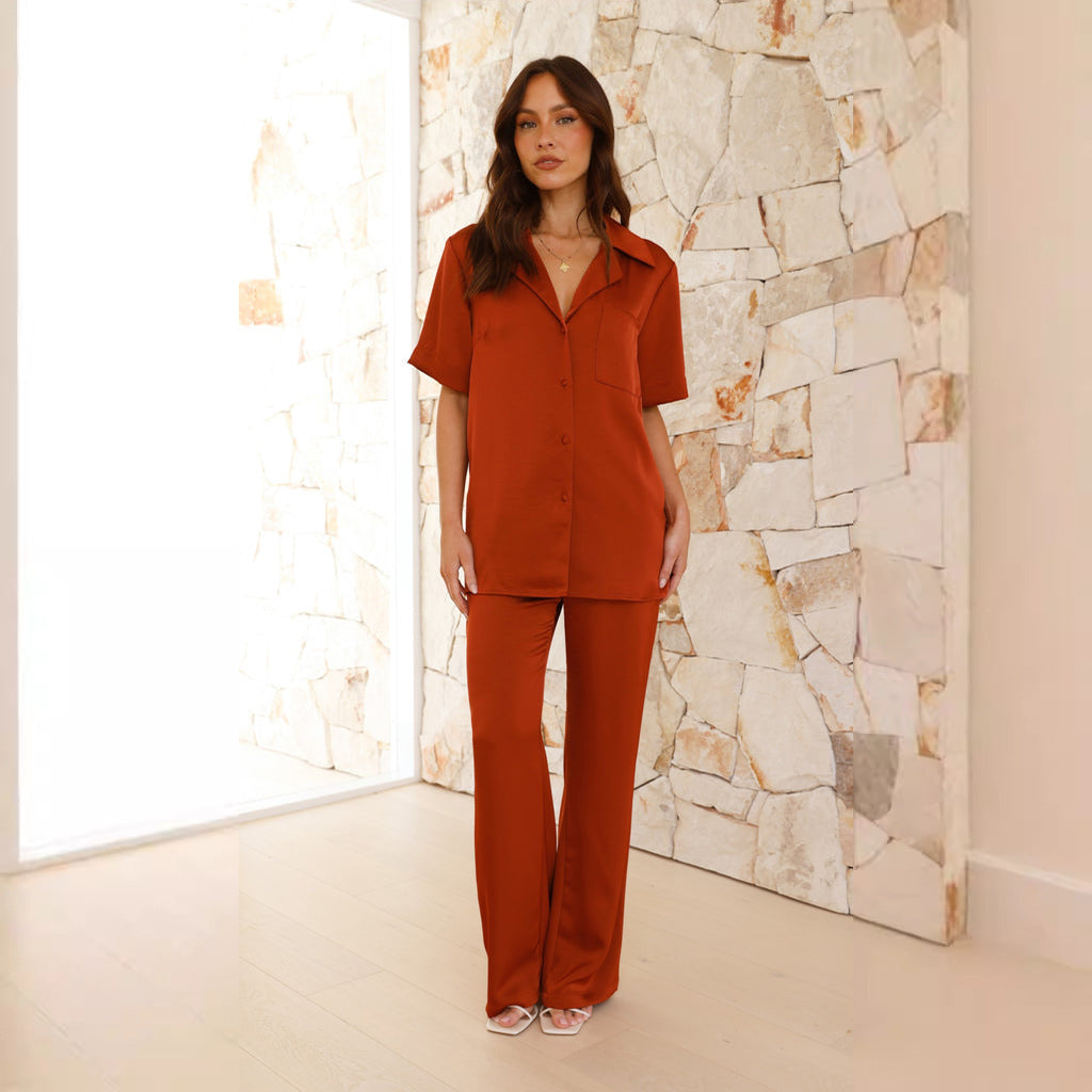 Damen Elegantes Satin-Pyjama-Set mit klassischem Kragen und bequemen weit geschnittenen Hosen EB