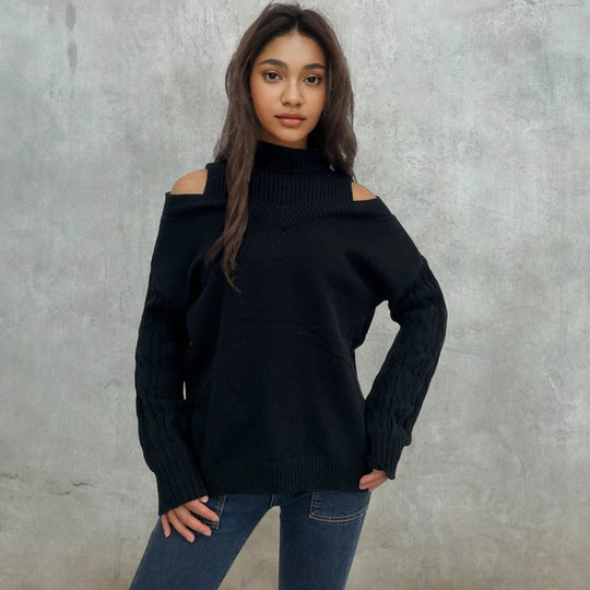 Damen Strickpullover mit Off-Shoulder-Design und strukturierten Ärmeln EB