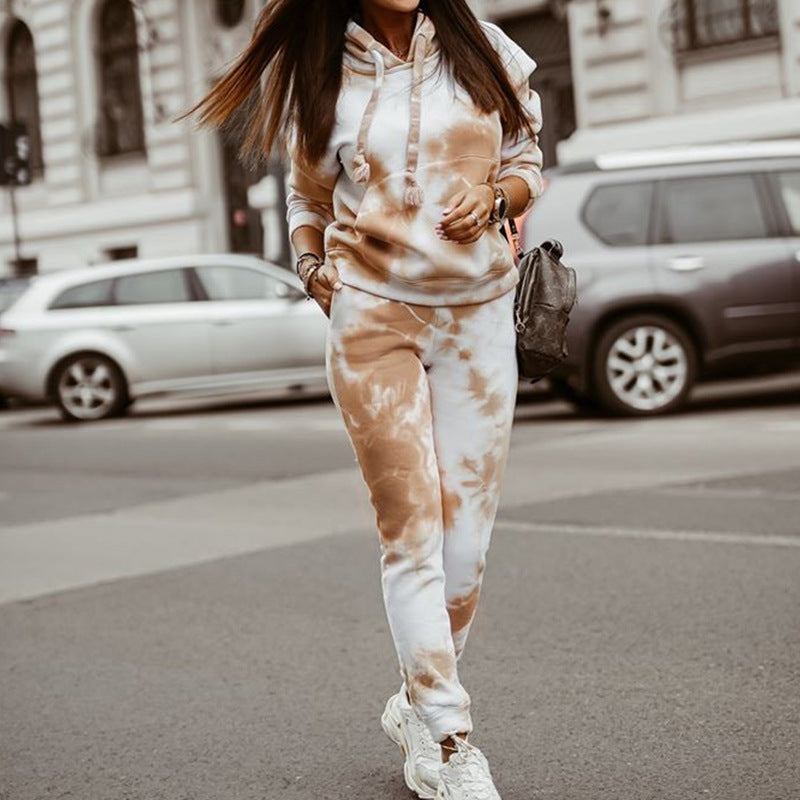 Damen lässiges Kapuzen-Sweatpants-Set im Batikdesign EB
