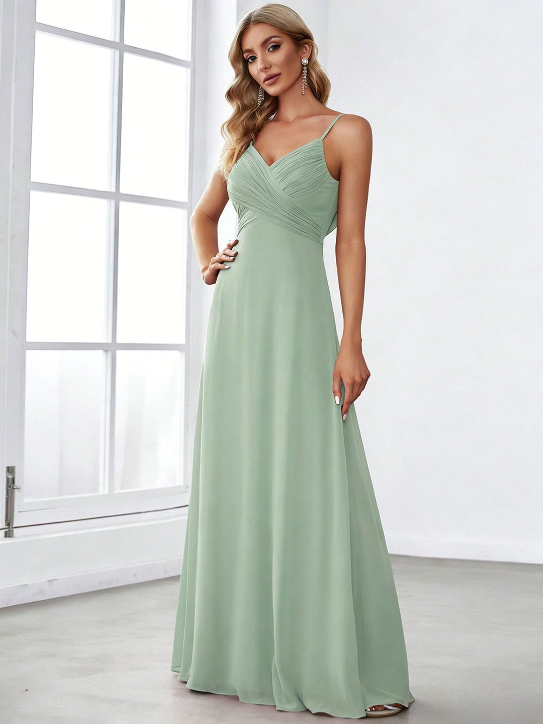 Damen nan fließendes Chiffon-Abendkleid mit überkreuzter Drapage, Empire-Taille und feinen Spaghettiträgern EB
