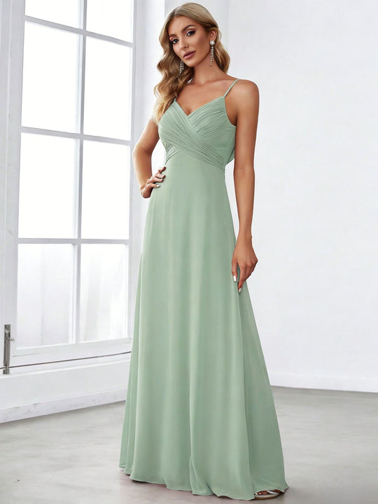 Damen nan fließendes Chiffon-Abendkleid mit überkreuzter Drapage, Empire-Taille und feinen Spaghettiträgern EB