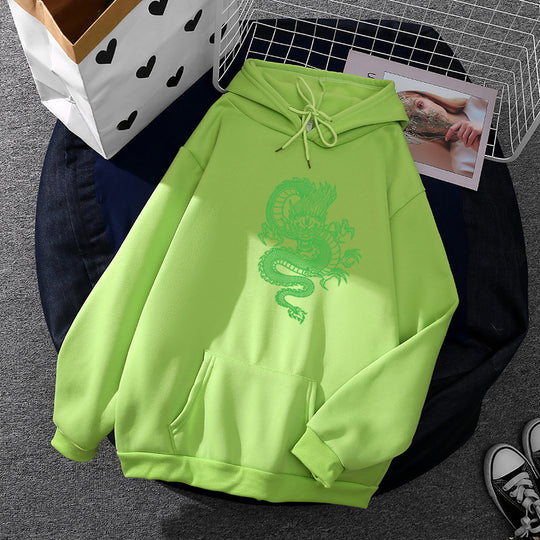 Unisex nan Kapuzenpullover mit detailreichem Drachenmotiv, Oversize‑Schnitt und Kängurutasche EB