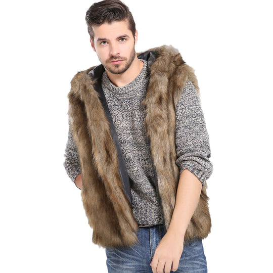 Herren Elegante Kunstpelzjacke mit Kapuze und seitlichen Taschen EB