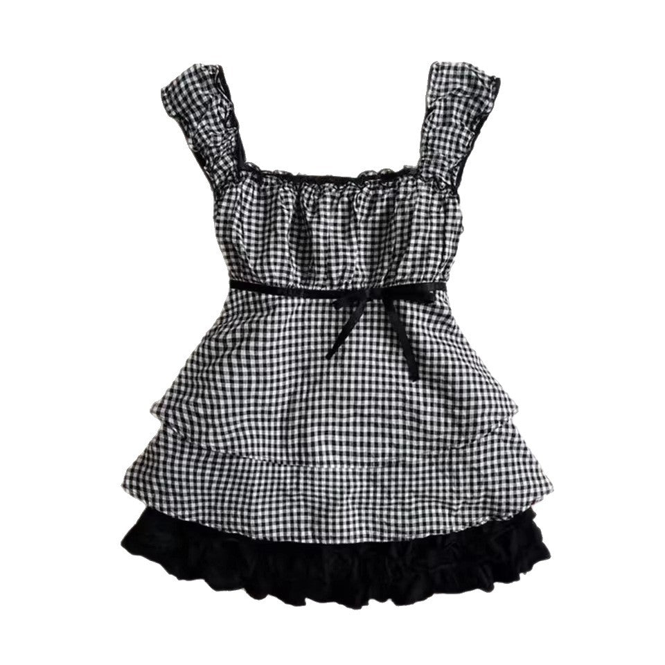 Damen Rüschenshirt mit Gingham-Muster und elastischen Trägern EB