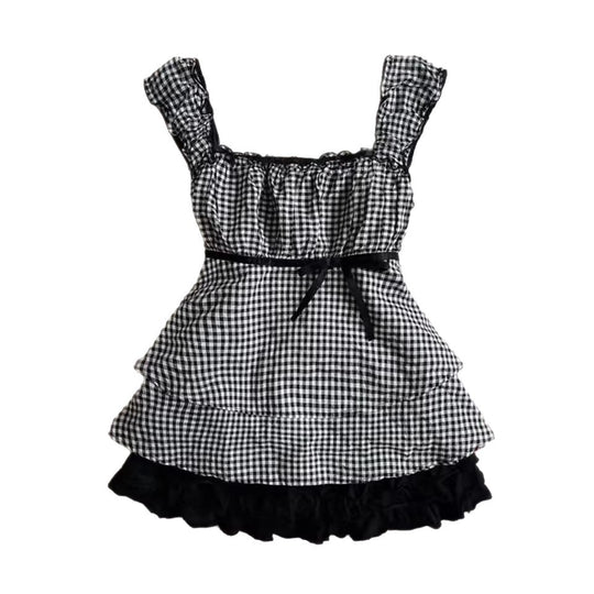 Damen Rüschenshirt mit Gingham-Muster und elastischen Trägern EB