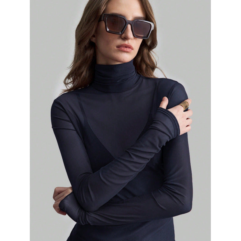 Damen Elegantes langärmliges transparentes Oberteil mit hohem Kragen EB