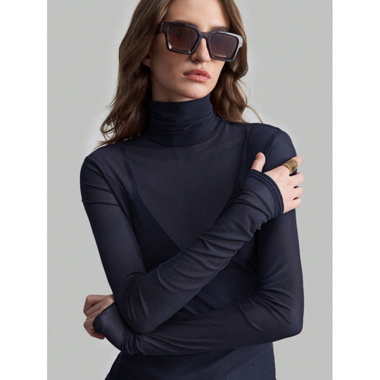 Damen Elegantes langärmliges transparentes Oberteil mit hohem Kragen EB