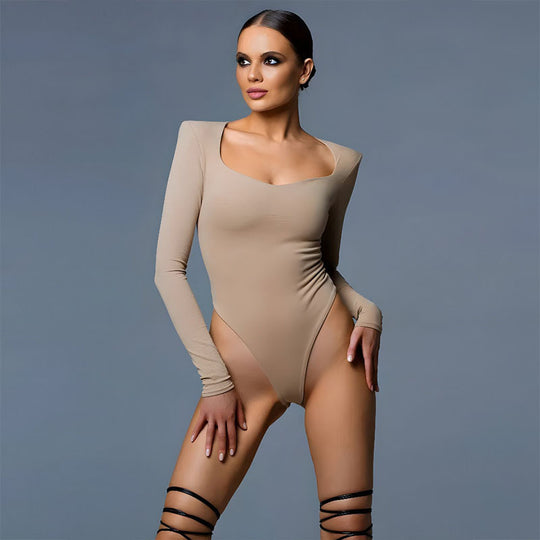 Damen figurbetonter Bodysuit mit langen Ärmeln und eckigem Ausschnitt EB