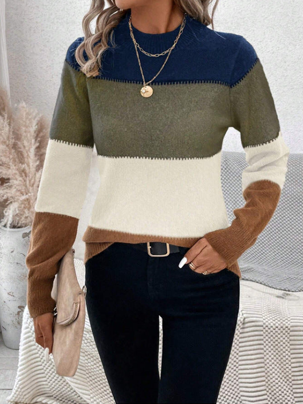Damen modischer Strickpullover mit trendigem Blockstreifen und steigendem Kragen EB