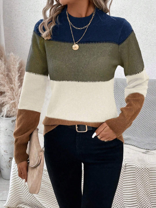Damen modischer Strickpullover mit trendigem Blockstreifen und steigendem Kragen EB