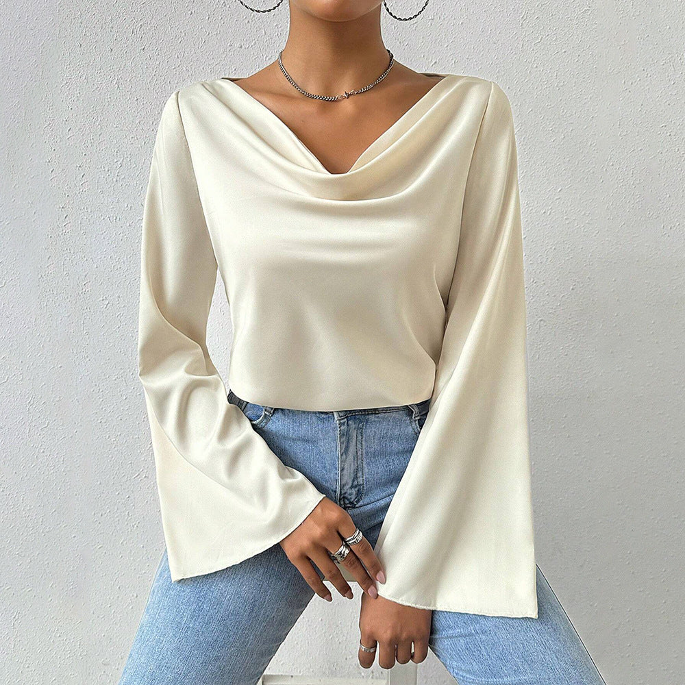 Damen Bluse mit Wasserfallkragen, weiten Trompetenärmeln und fließender Satinoptik Eichborn Berlin