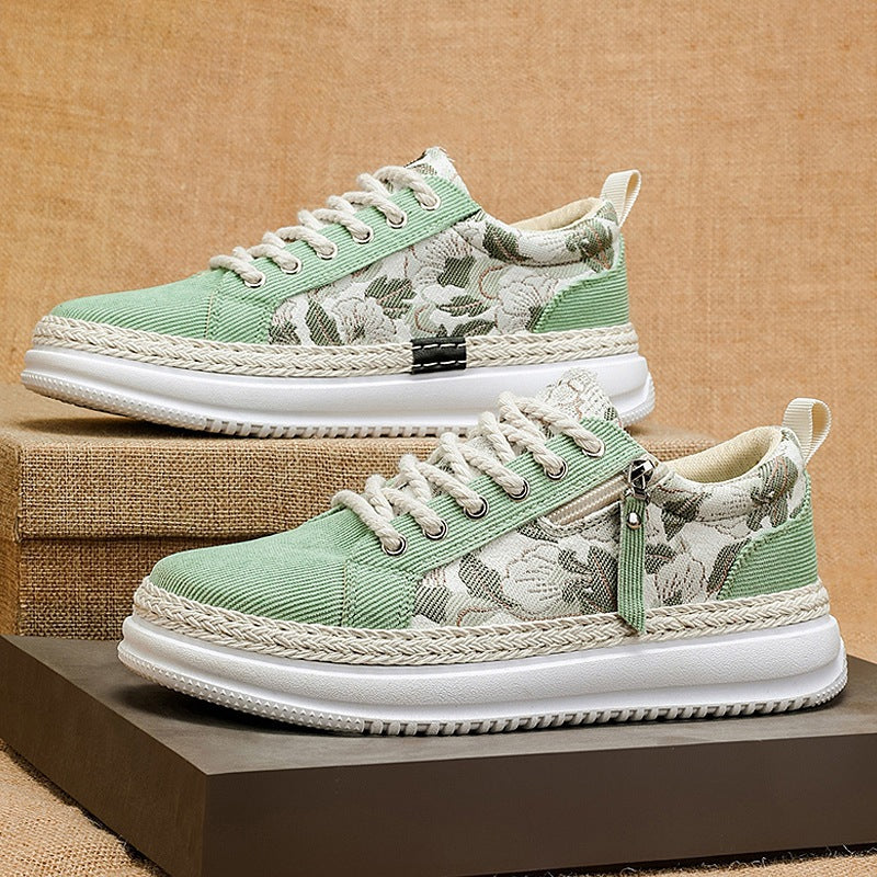 Damen gestickte Espadrille-Plateau-Sneaker mit floralem Jacquard, geflochtener Kordelsohle und gepolstertem Innenfutter EB