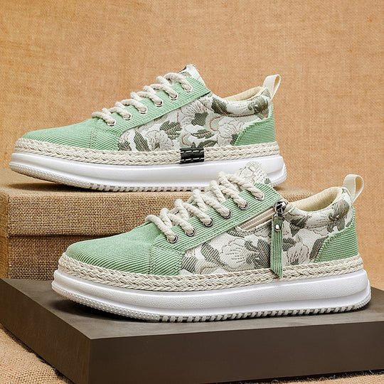 Damen gestickte Espadrille-Plateau-Sneaker mit floralem Jacquard, geflochtener Kordelsohle und gepolstertem Innenfutter EB