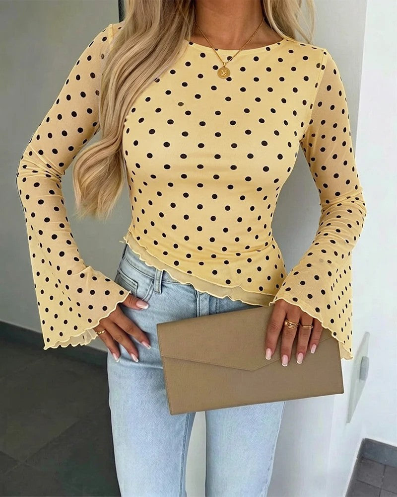 Damen Transparente Mesh-Polka‑Dot-Bluse mit taillierter Passform und Glockenärmeln EB