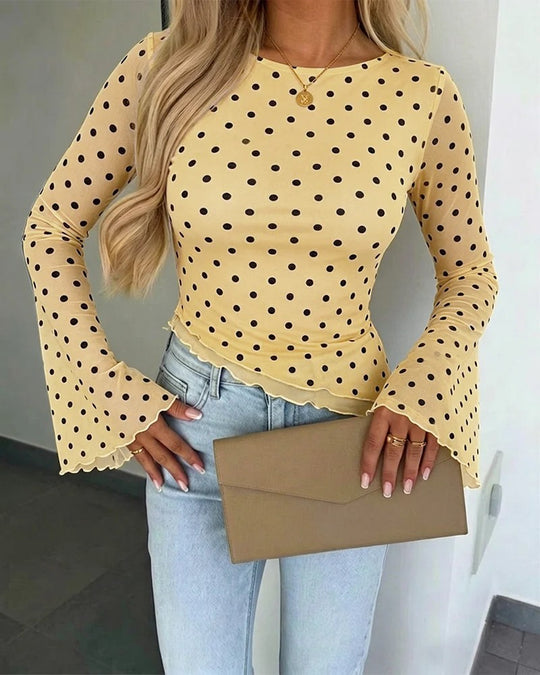 Damen Transparente Mesh-Polka‑Dot-Bluse mit taillierter Passform und Glockenärmeln EB