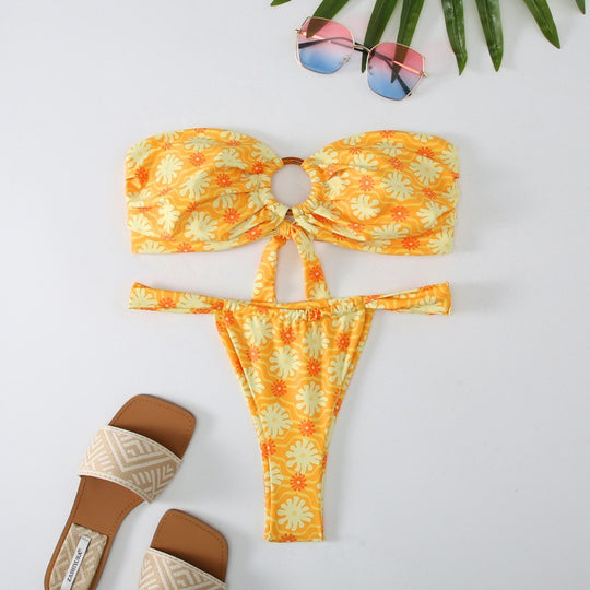 Damen Bandeau Bikini mit kreativem Raffungseffekt und verspieltem Design EB