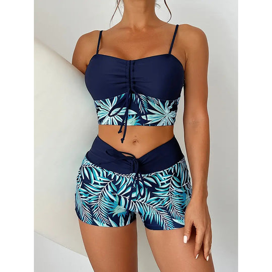 Damen Crop-Top Bikini mit floralem Design und bequemen Shorts EB