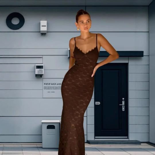 Damen Elegantes Spitzen-Maxikleid mit tiefem V-Ausschnitt EB