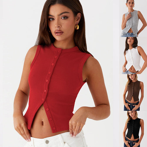 Damen ärmelloses Knopfschalenshirt aus Rippenstoff mit modernem Schnitt EB