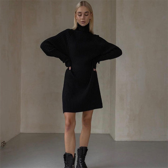 Damen Strickkleid mit hohem Kragen und großen Ärmeln EB