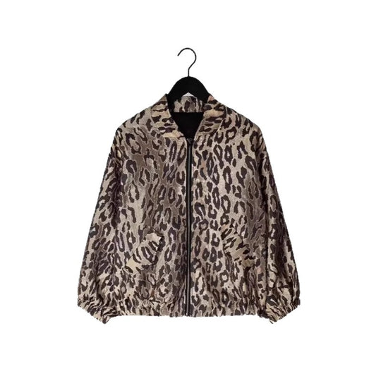 Damen modische Bomberjacke mit Leopardenmuster und elastischen Bündchen EB