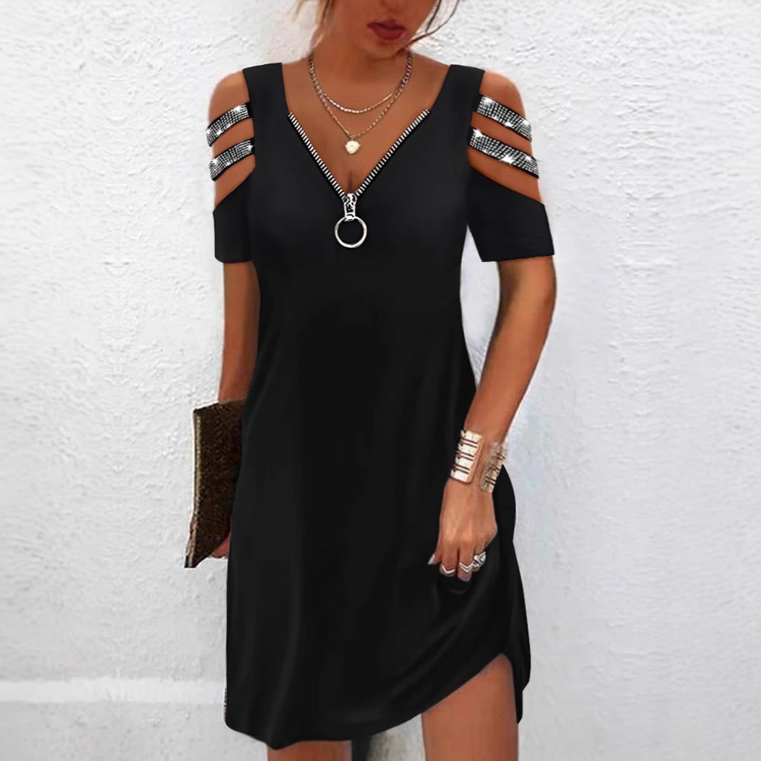 Damen Trendiges Kleid mit schulterfreien Ärmeln und Reißverschlussdetails EB