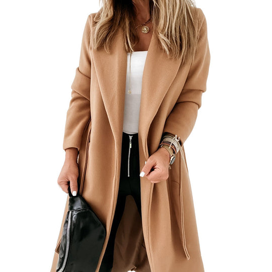 Damen Eleganter und gemütlicher Mantel mit Gürtel und Taschen EB