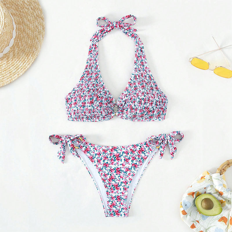 Damen Halter-Bikini mit floralem Design und verspielten Bindebändern EB