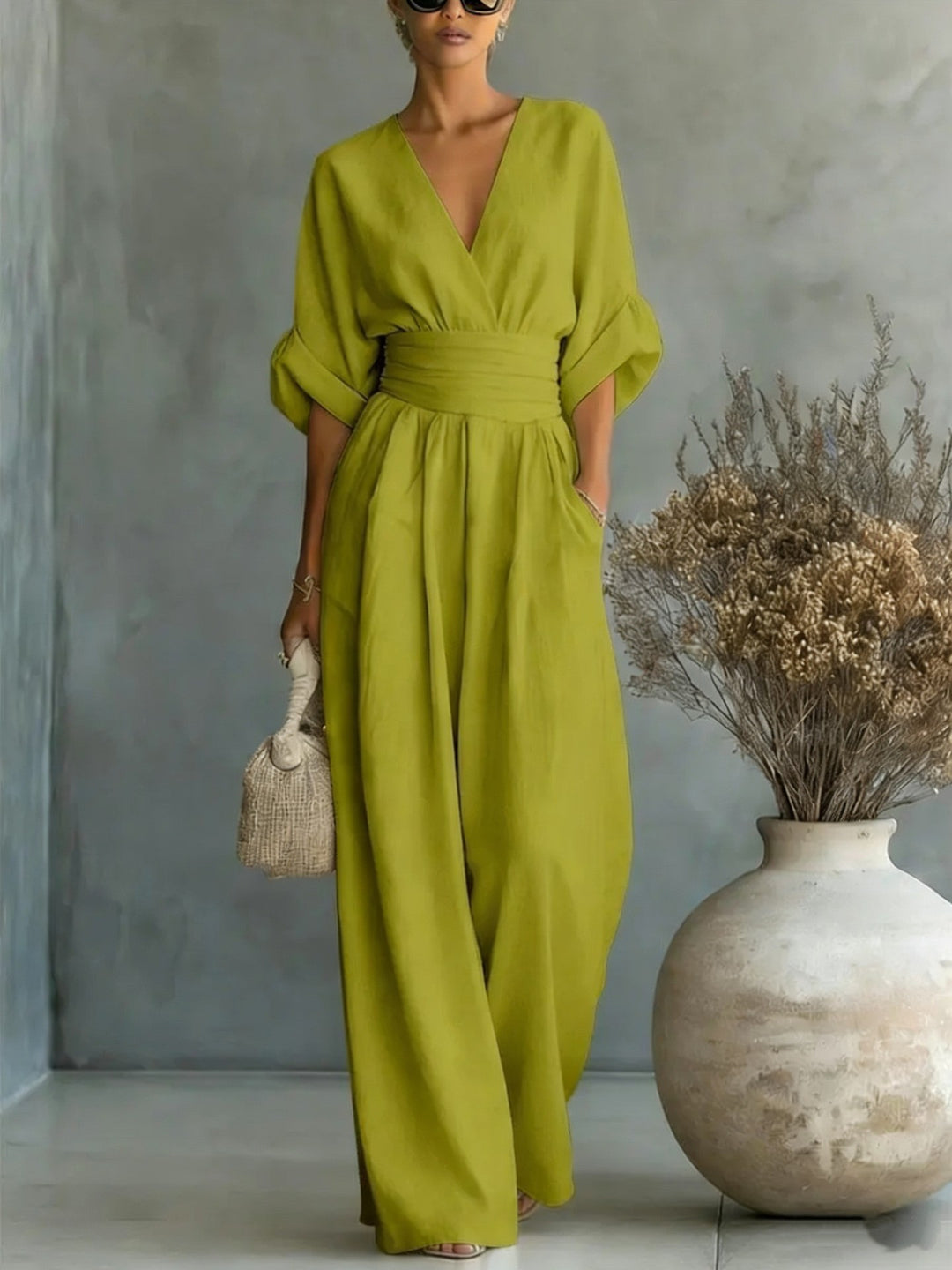 Damen Maxikleid mit V-Ausschnitt und Puffärmeln EB
