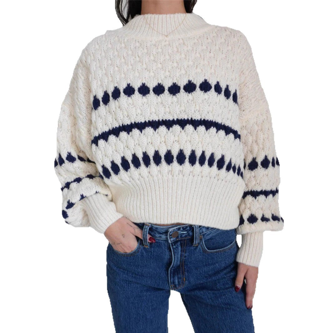 Damen Strickpullover mit modernem Zopfmuster und voluminösen Ärmeln EB