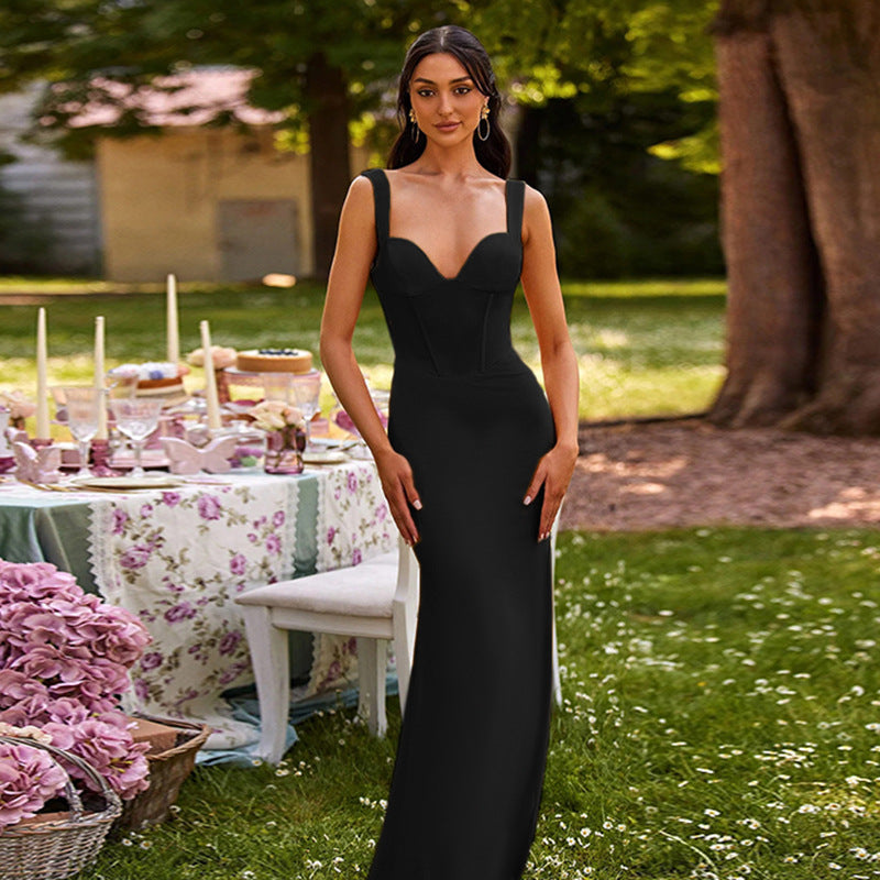 Damen elegantes körperbetontes Maxikleid mit tiefem V-Ausschnitt EB
