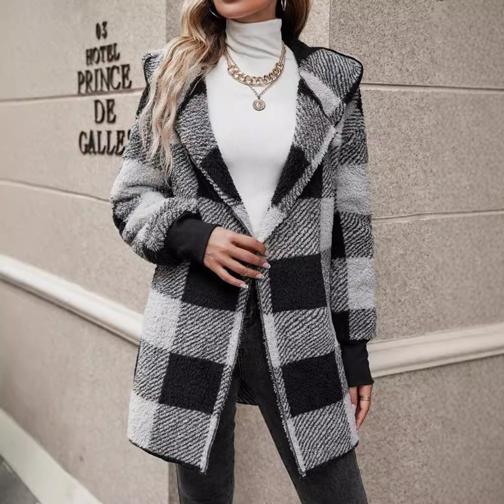 Damen Langer Karomantel aus weichem Material EB