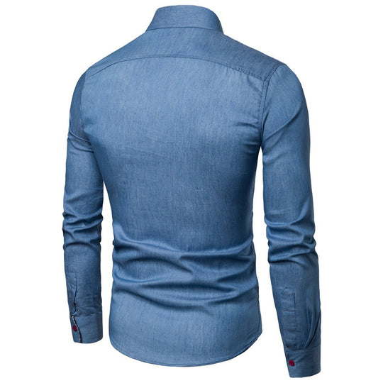 Herren nan Slim-Fit Denim-Hemd mit Brustleistentasche und kariertem Kragenfutter EB