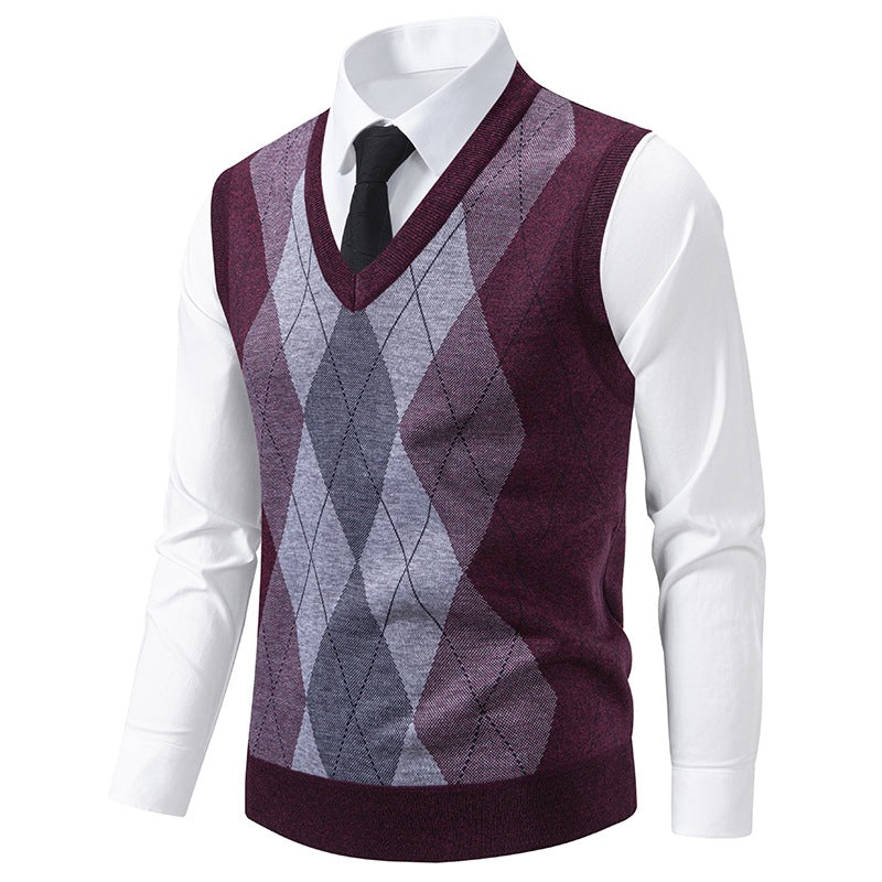 Herren V-Ausschnitt Strickpullover mit elegantem Rautenmuster EB
