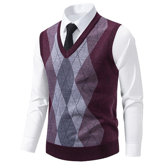 Herren V-Ausschnitt Strickpullover mit elegantem Rautenmuster EB