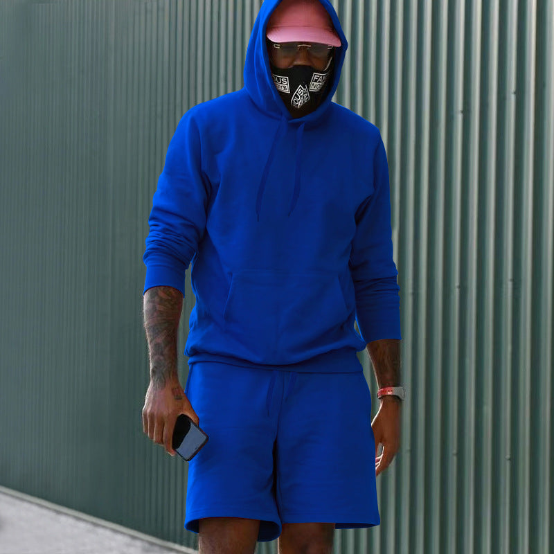 Herren nan zweiteiliges Freizeit-Set Hoodie und Sweatshorts aus French Terry mit Kängurutasche und Tunnelzug EB