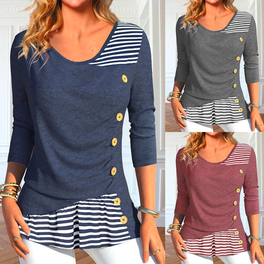 Damen Langarmshirt mit Knopfdetails und gestreiftem Saum EB