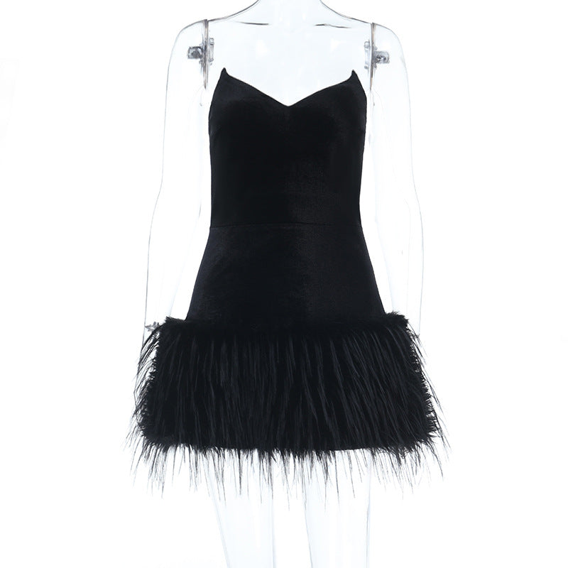 Damen Sexy Samtkleid mit Federn EB