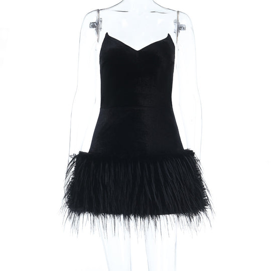 Damen Sexy Samtkleid mit Federn EB
