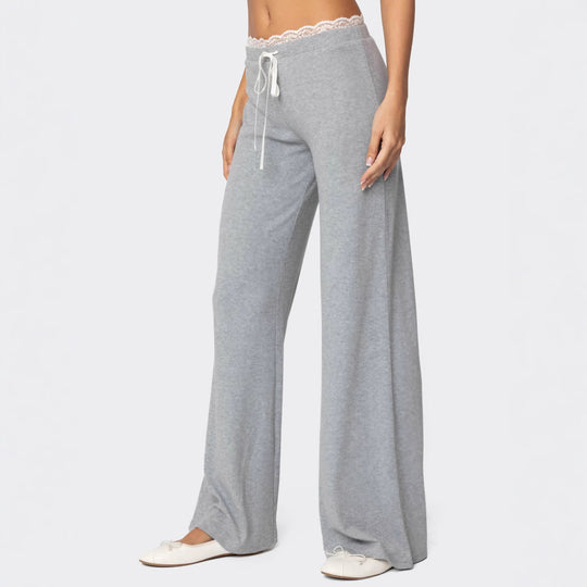 Damen Hellgraue Freizeithose mit elastischem Bund und dekorativem Spitzenabschluss EB