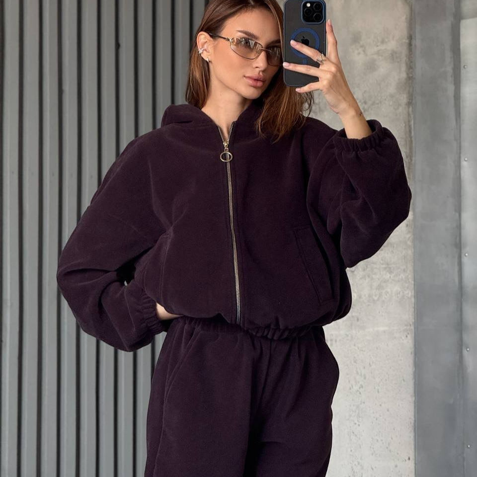 Damen Plüsch-Loungewear-Set mit Reißverschluss-Kapuzenjacke und taillenhoher Jogginghose EB