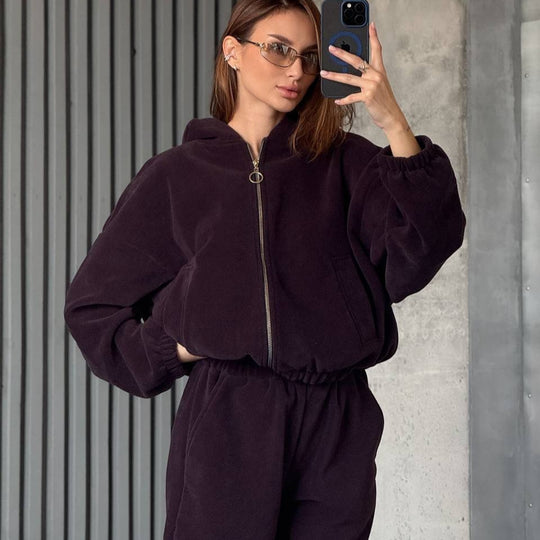Damen Plüsch-Loungewear-Set mit Reißverschluss-Kapuzenjacke und taillenhoher Jogginghose EB