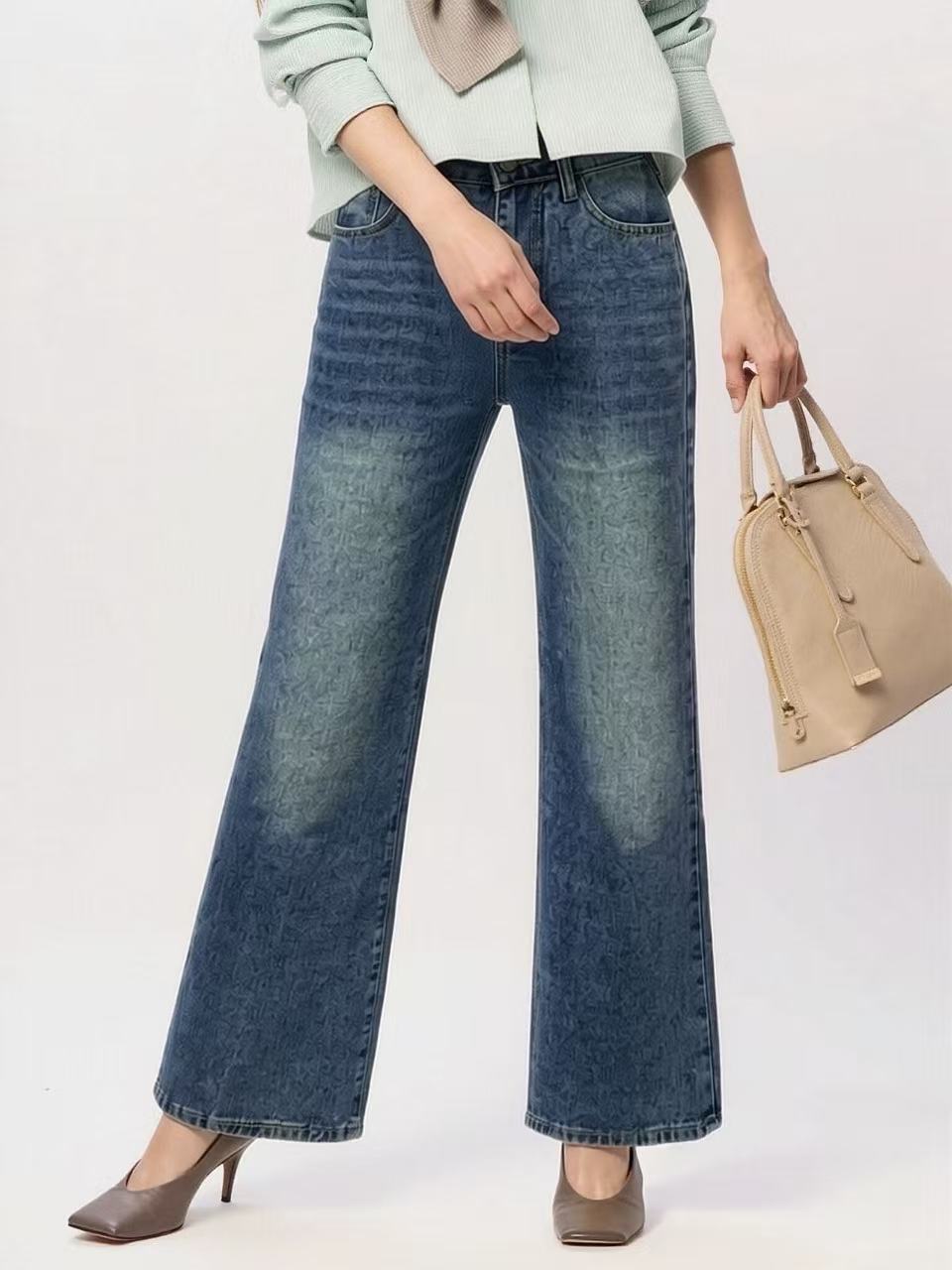 Damen weite High-Waist Jeans mit einzigartiger Textur EB